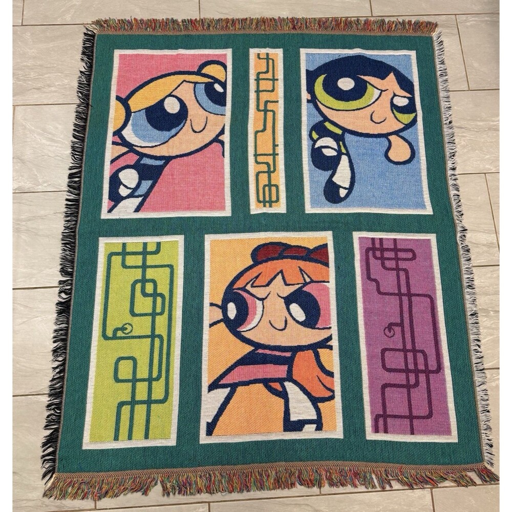 Rare Vtg 2001 Y2K Powerpuff Girls Woven Tapestry Throw Fringe Edges 50x60